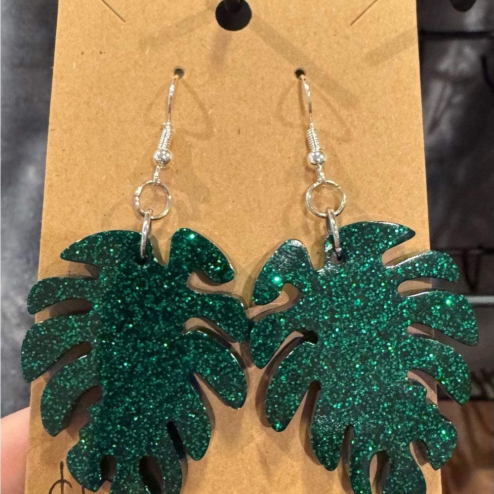 Green Glitter Leaf Earrings